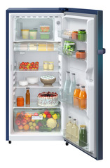 Product image, Perspective: straight open decorated, Single-door refrigerator 191 l in 2 Star and with horizontal handle, Casing colour: blue, Door colour: Blue Wonder