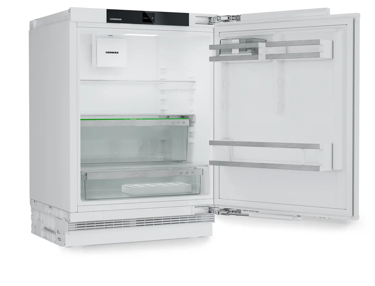 Produkt-Bild, Perspektive: schräg offen leer, Unterbaufähiger Kühlschrank mit EasyFresh