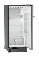 Product image, Perspective: oblique open empty, Single-door refrigerator 202 l with foot pedal base drawer and iCoolTouch UI, Casing colour: grey, Door colour: Stainless Steel