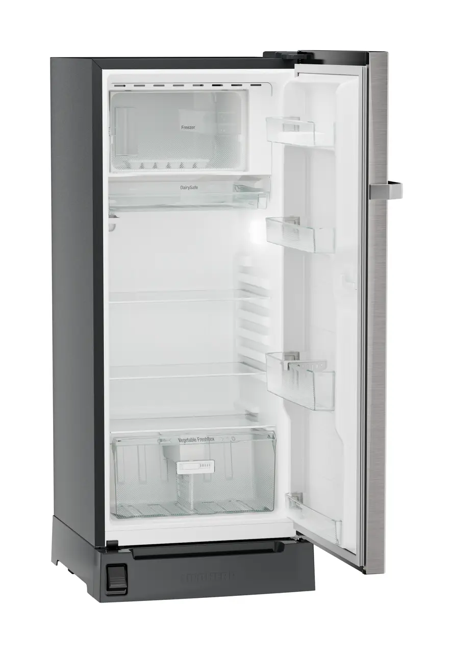 Product image, Perspective: oblique open empty, Single-door refrigerator 202 l with foot pedal base drawer and iCoolTouch UI, Casing colour: grey, Door colour: Stainless Steel