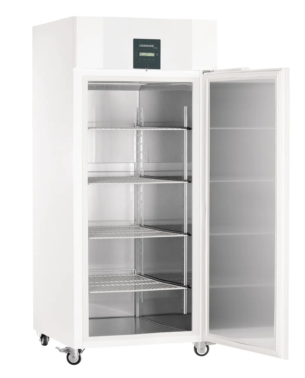 Product image, Perspective: oblique open empty, Lab refrigerator with profi electronic controller, Casing colour: white