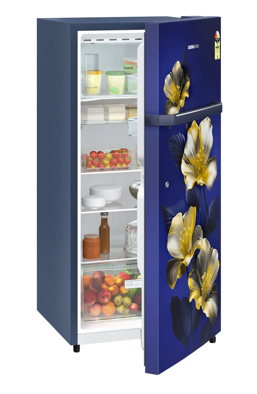 Product image, Perspective: oblique half-open decorated, Single-door refrigerator 191 l in 2 Star and with horizontal handle, Casing colour: blue, Door colour: Blue Hibiskus