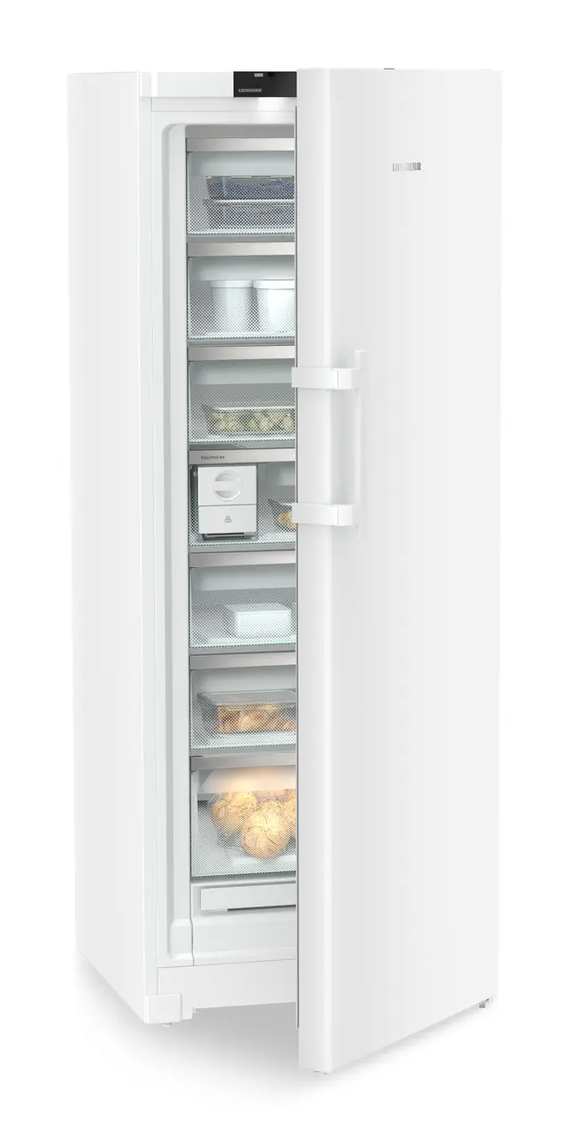 Изображение продукции, Перспектива: Под углом, с полуоткрытой дверцей, с продуктами, Отдельно стоящая морозильная камера с системами NoFrost и EasyTwist-Ice., Цвет корпуса: белый, Цвет дверцы: белый