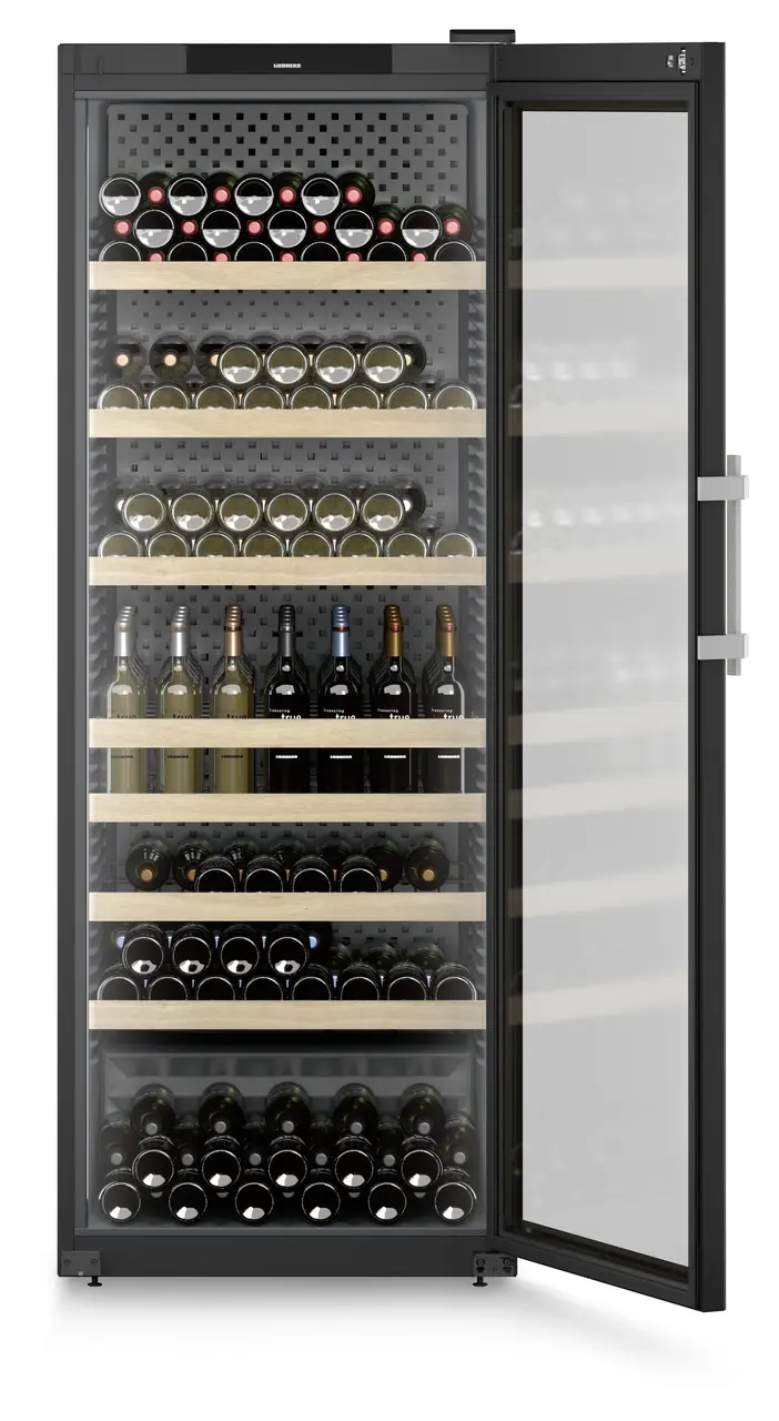 Produkt-Bild, Perspektive: gerade offen dekoriert, Weinschrank Professional, Gehäusefarbe: Schwarz, Türfarbe: Schwarz