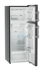 Product image, Perspective: oblique open empty, Fridge-freezer with NoFrost, Casing colour: grey, Door colour: BlackSteel