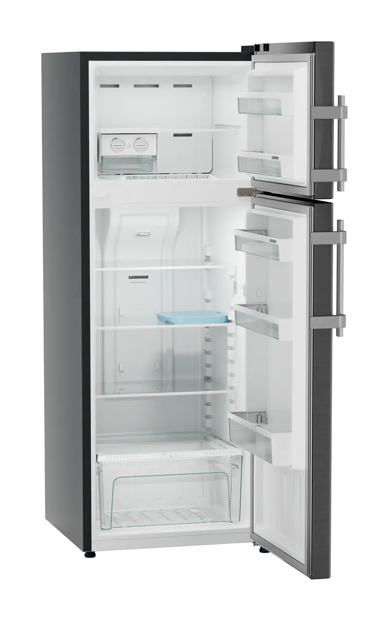 Product image, Perspective: oblique open empty, Fridge-freezer with NoFrost, Casing colour: grey, Door colour: BlackSteel