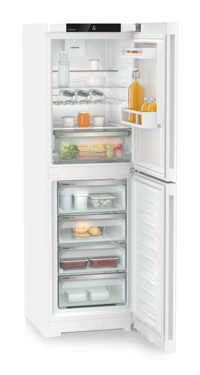 Produktbillede, Perspektiv: Skrå åben udsmykket, Køle-frysekombination med EasyFresh og NoFrost, Kabinetfarve: Hvid, Dørfarve: Hvid