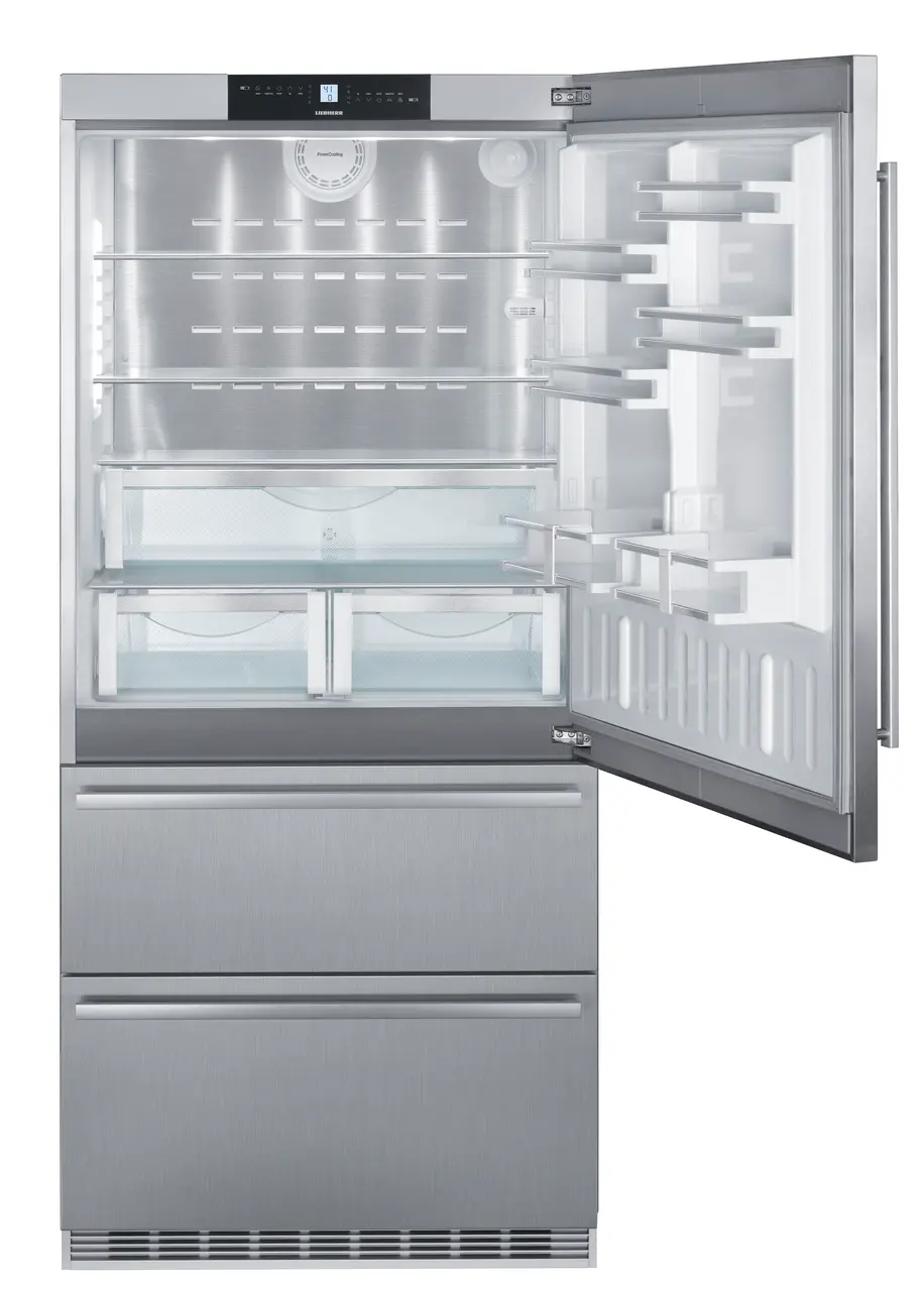 Product image, Perspective: straight open empty, Fridge-freezer with NoFrost, Casing colour: stainless steel, Door colour: stainless steel