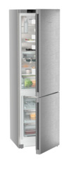 Product image, Perspective: oblique half-open decorated, Combined fridge-freezers with EasyFresh and NoFrost, Casing colour: silver, Door colour: stainless steel