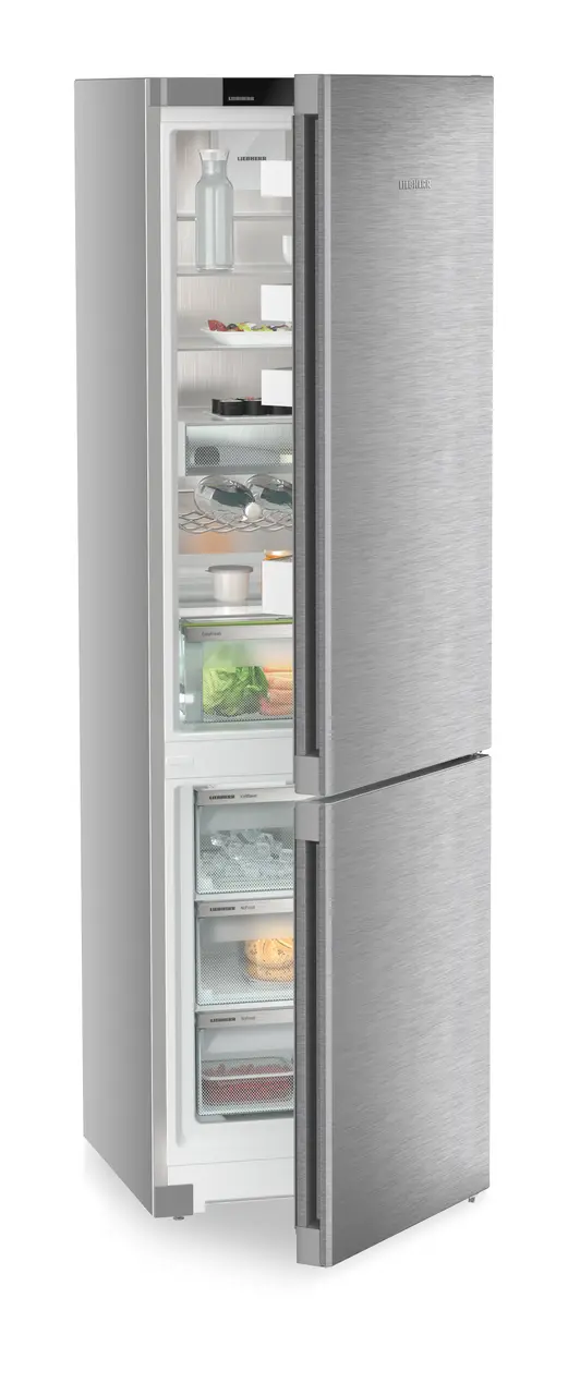 Product image, Perspective: oblique half-open decorated, Combined fridge-freezers with EasyFresh and NoFrost, Casing colour: silver, Door colour: stainless steel