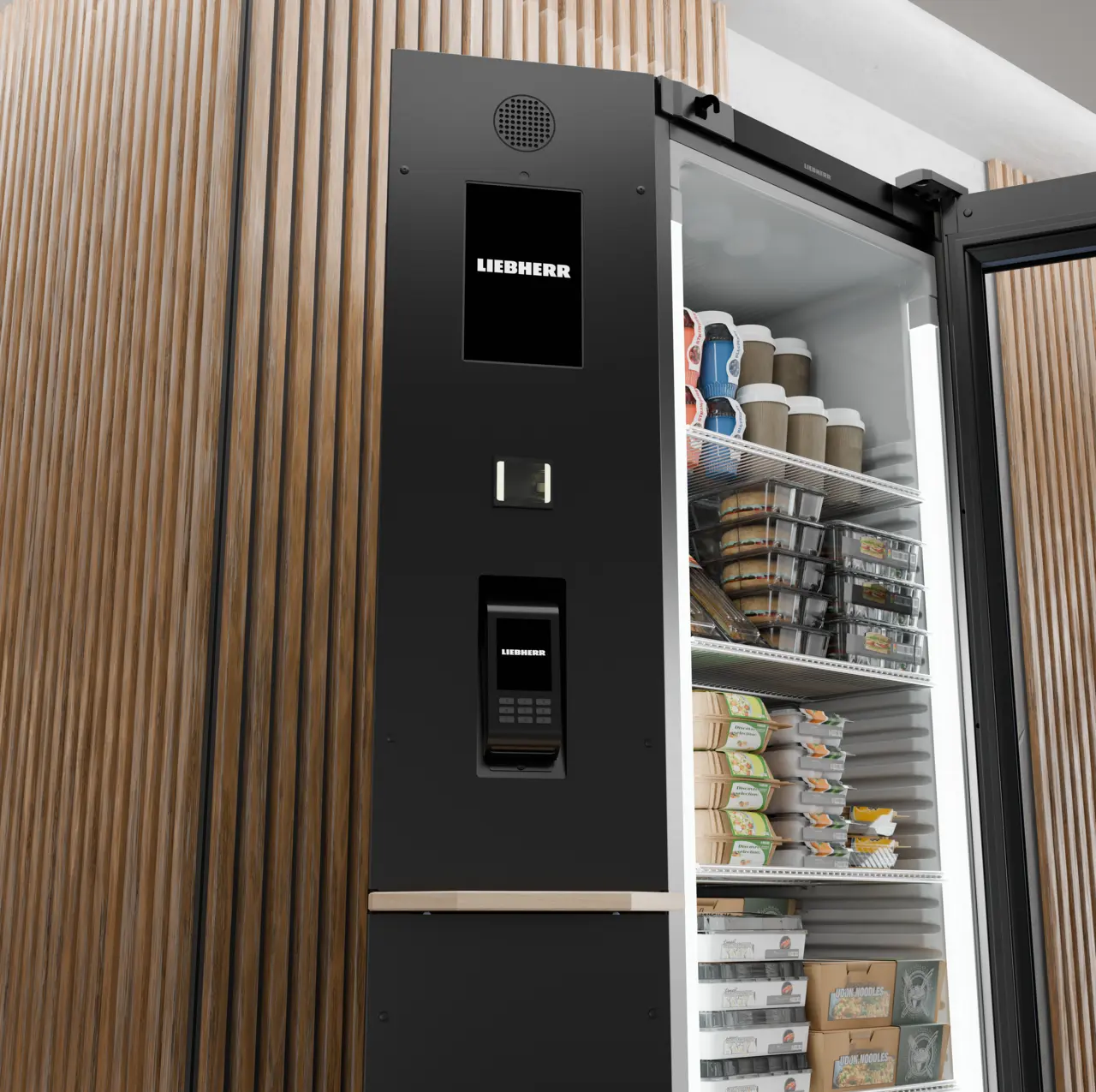 Produkt-Bild, Perspektive: Milieu, Kühlgerät mit Umluftkühlung, Gehäusefarbe: Schwarz, Türfarbe: Schwarz