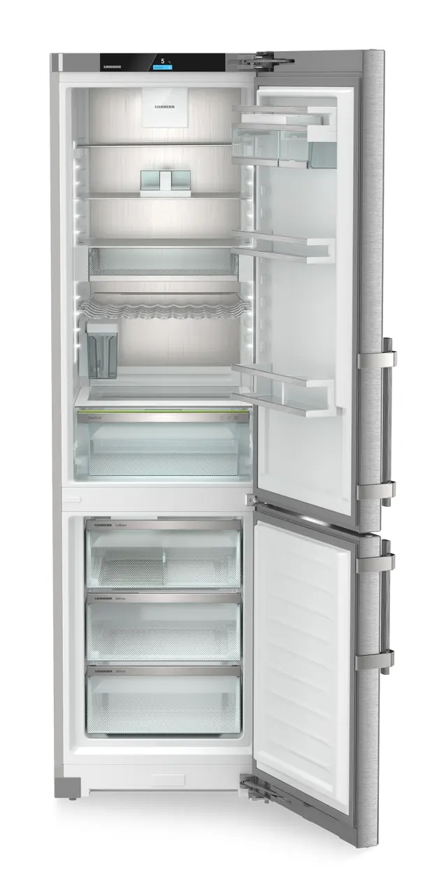 Produktbild, Perspektiv: Framifrån, öppen, tom, Kyl-frys-kombination med EasyFresh och NoFrost, Färg på dörr: Rostfritt stål