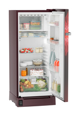 Product image, Perspective: oblique open decorated, Single-door refrigerator 202 l in 5 star with inverter compressor, Casing colour: red, Door colour: Red Mystiq