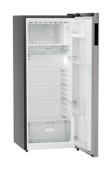 Product image, Perspective: oblique open empty, Single-door refrigerator 222 l in 3 star with VegFresh box, Casing colour: grey, Door colour: Stainless Steel