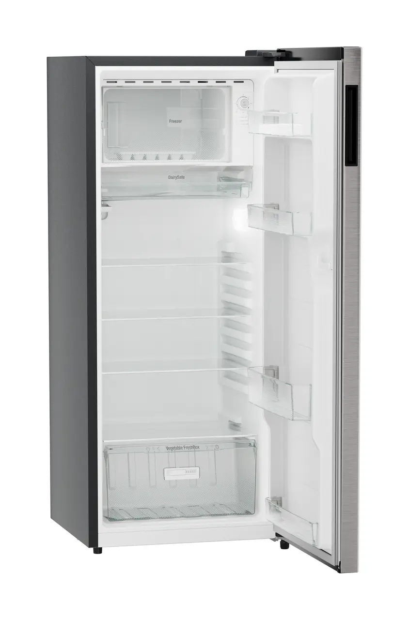 Product image, Perspective: oblique open empty, Single-door refrigerator 222 l in 3 star with VegFresh box, Casing colour: grey, Door colour: Stainless Steel