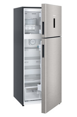 Product image, Perspective: oblique half-open empty, Fridge-freezer with NoFrost, Casing colour: grey, Door colour: Stainless Steel