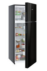 Product image, Perspective: oblique half-open decorated, Fridge-freezer with NoFrost, Casing colour: grey, Door colour: Black Gloss