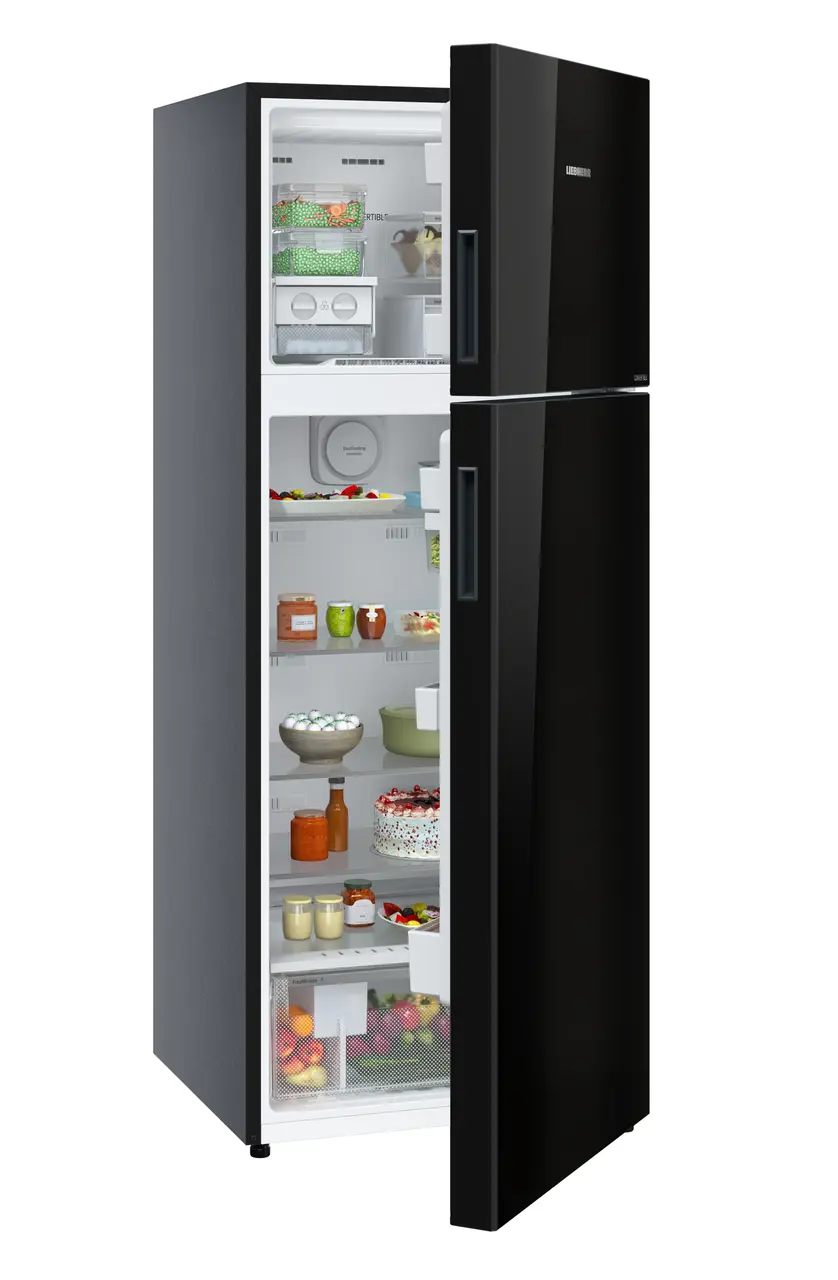 Product image, Perspective: oblique half-open decorated, Fridge-freezer with NoFrost, Casing colour: grey, Door colour: Black Gloss
