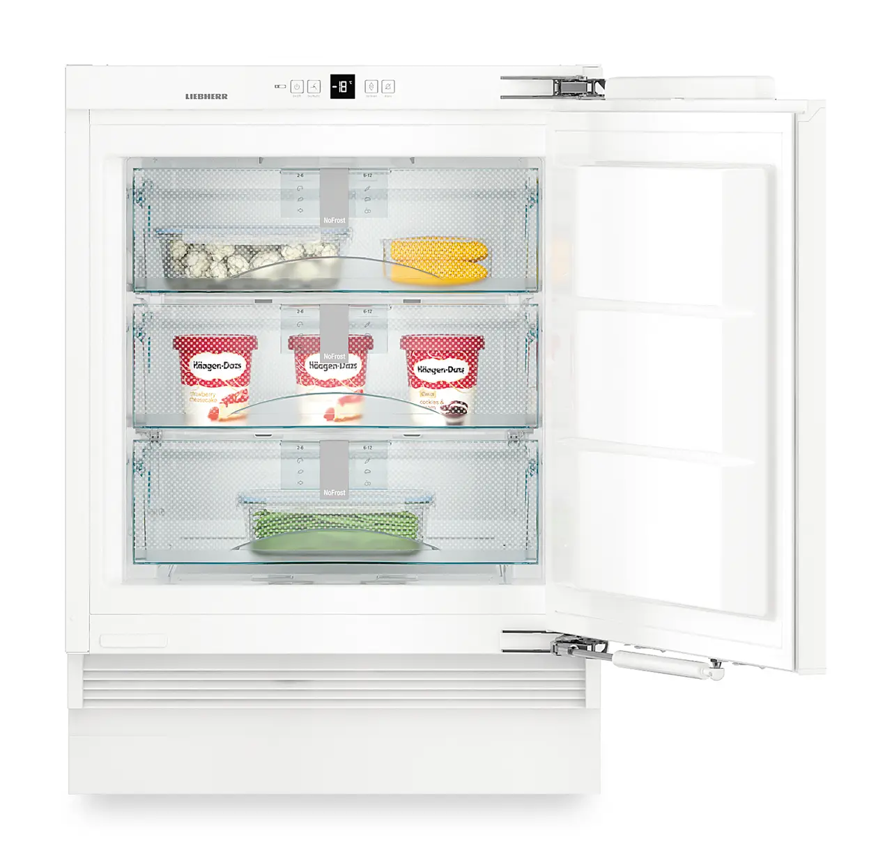 Изображение продукции, Перспектива: Прямо, с открытой дверцей, с продуктами, Встраиваемый под столешницу морозильник