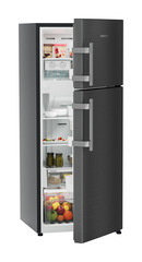 Product image, Perspective: oblique half-open decorated, Fridge-freezer with NoFrost, Casing colour: grey, Door colour: BlackSteel