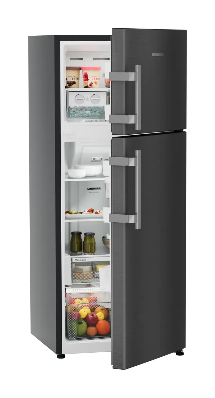 Product image, Perspective: oblique half-open decorated, Fridge-freezer with NoFrost, Casing colour: grey, Door colour: BlackSteel