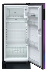 Product image, Perspective: straight open empty, Single-door refrigerator 191 l in 3 star with foot pedal base drawer, Casing colour: grey, Door colour: Purple Strings