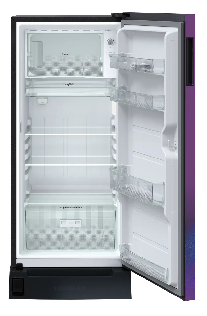 Product image, Perspective: straight open empty, Single-door refrigerator 191 l in 3 star with foot pedal base drawer, Casing colour: grey, Door colour: Purple Strings