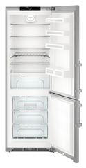 Product image, Perspective: straight open empty, Combined fridge-freezers with BioCool and NoFrost, Casing colour: silver, Door colour: stainless steel