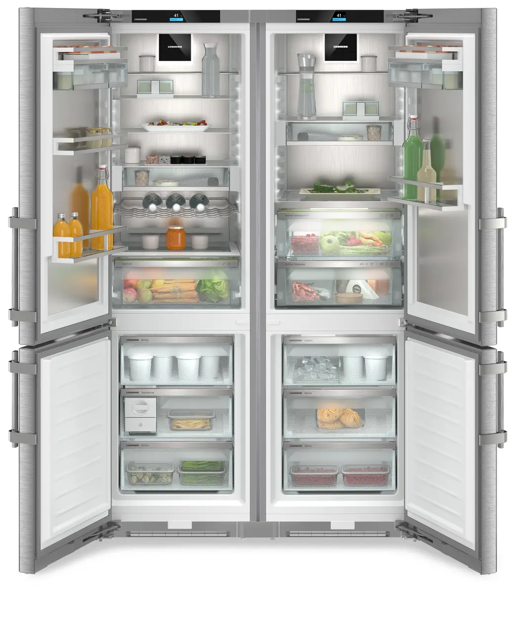 Product image, Perspective: straight open decorated, Side-by-Side combination, Casing colour: stainless steel, Door colour: stainless steel