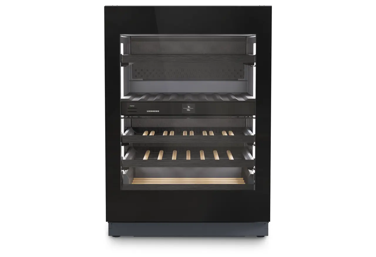 Изображение на продукта, Перспектива: Отпред, затворен, празен, Хладилник за вино, подходящ за монтаж под плота, за темпериране на вино, Цвят на корпуса: Антрацит