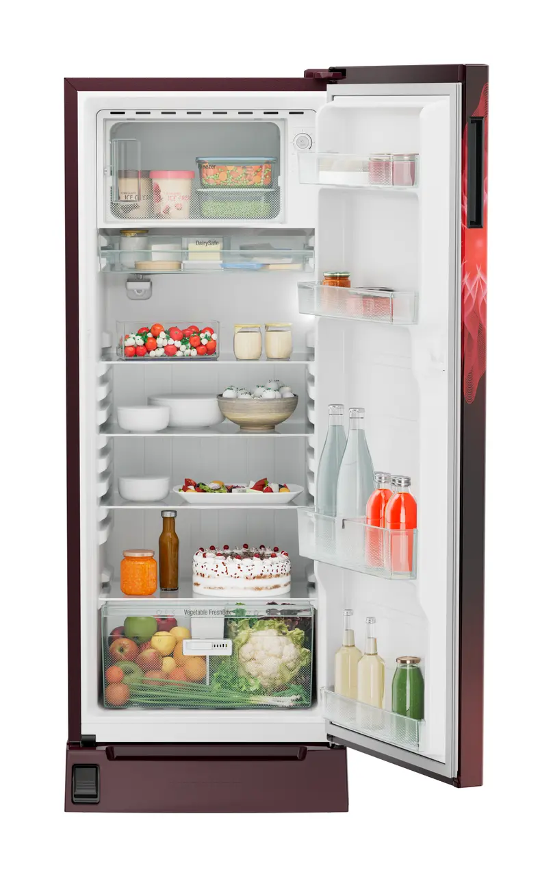 Product image, Perspective: straight open decorated, Single-door refrigerator 222 l in 3 star with foot pedal base drawer, Casing colour: red, Door colour: Red Mystiq