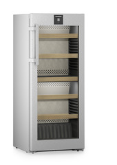 Изображение на продукта, Перспектива: Странично, затворен, празен, Мултитемпературен охладител за вино, Цвят на корпуса: фино сребро, Цвят на вратата: благородна стомана