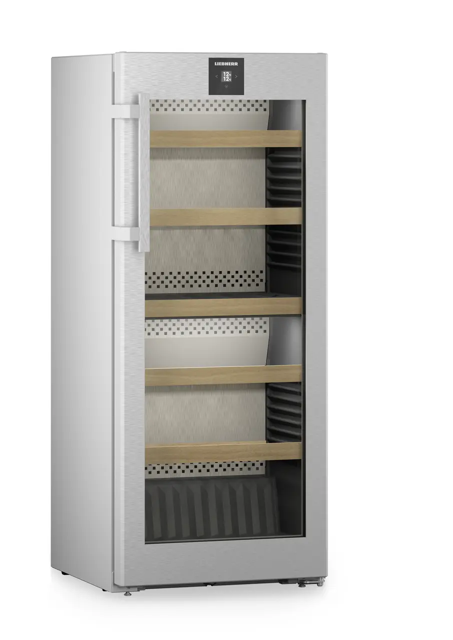 Изображение на продукта, Перспектива: Странично, затворен, празен, Мултитемпературен охладител за вино, Цвят на корпуса: фино сребро, Цвят на вратата: благородна стомана