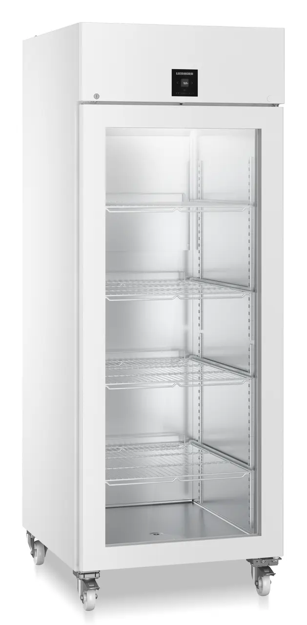 Produkt-Bild, Perspektive: schräg geschlossen leer, Laborkühlgerät mit Umluftkühlung, Gehäusefarbe: Weiß, Türfarbe: Weiß