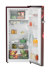 Product image, Perspective: straight open decorated, Single-door refrigerator 202 l in 4 star with iCoolTouch UI, Casing colour: red, Door colour: Red Divine
