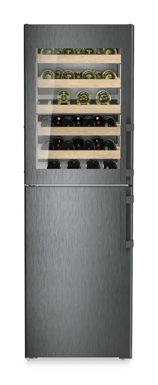 Product image, Perspective: straight closed decorated, Combination with NoFrost freezer compartment and wine tempering compartment, Casing colour: BlackSteel, Door colour: BlackSteel