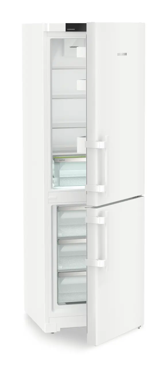 Obrázok produktu, Perspektíva: Šikmo, spotrebič polootvorený, prázdny, Kombinácia chladničky a mrazničky s EasyFresh a NoFrost, Farba steny: Biely, Farba dverí: Biely