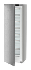 Product image, Perspective: oblique half-open empty, Freestanding freezer with NoFrost, Casing colour: silver, Door colour: stainless steel