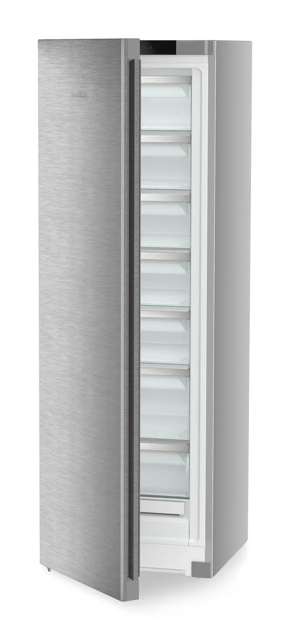Product image, Perspective: oblique half-open empty, Freestanding freezer with NoFrost, Casing colour: silver, Door colour: stainless steel