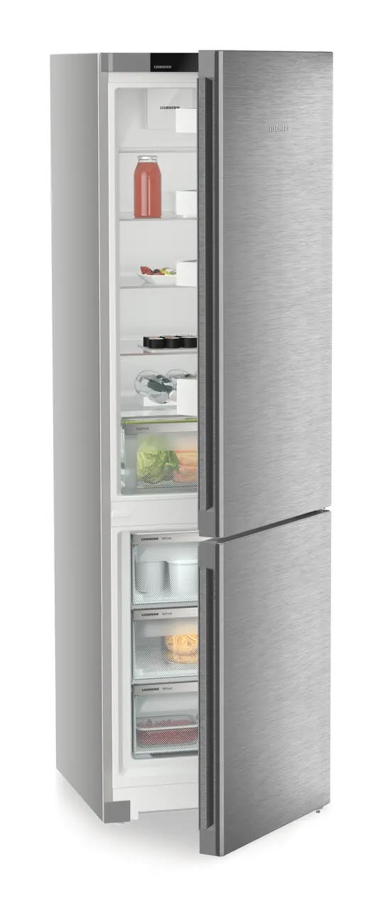 Produktbild, Perspektiv: Vinklad, halvöppen, fylld, Kyl-frys-kombination med EasyFresh och NoFrost, Färg på dörr: Rostfritt stål