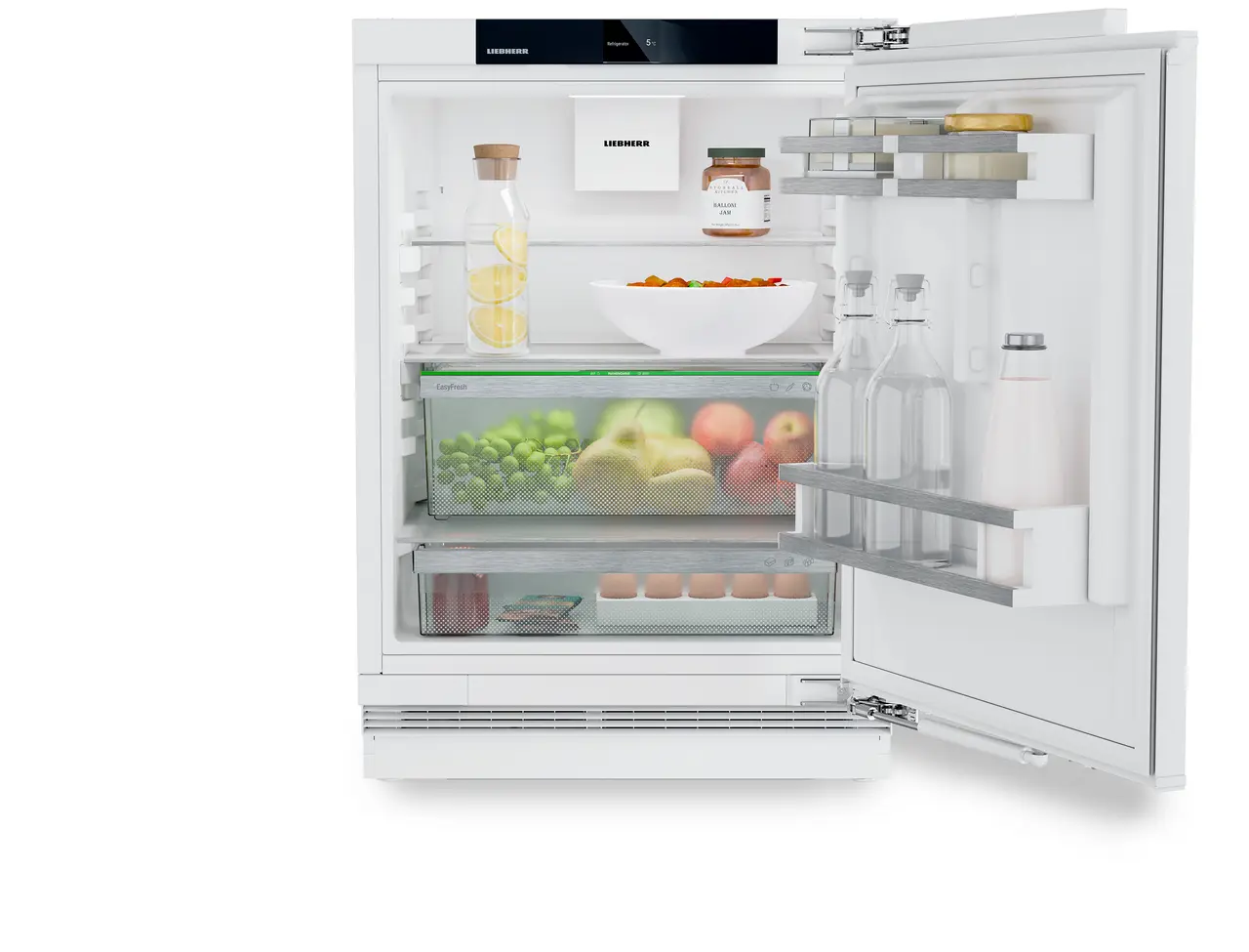 Изображение продукции, Перспектива: Прямо, с открытой дверцей, с продуктами, Холодильник подходит для установки под столешницу с системой EasyFresh.