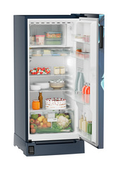 Product image, Perspective: oblique open decorated, Single-door refrigerator 191 l in 3 star with foot pedal base drawer, Casing colour: blue, Door colour: Blue Divine