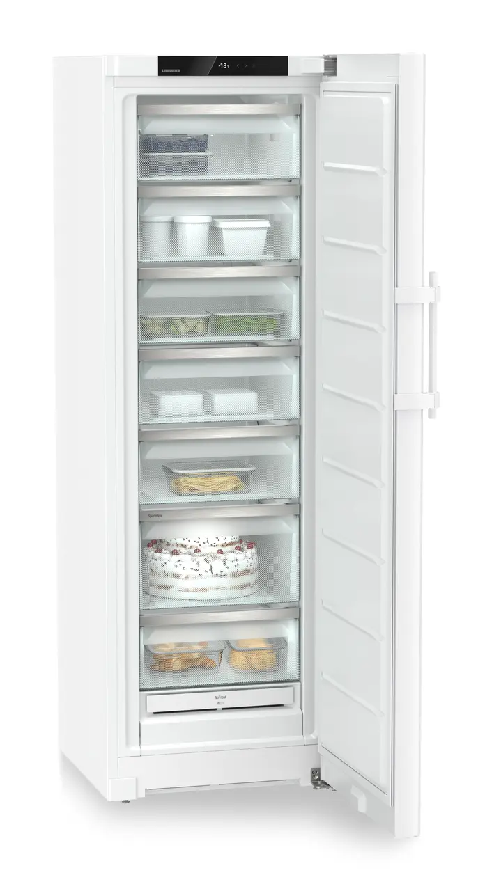 Изображение продукции, Перспектива: Под углом, с открытой дверцей, с продуктами, Морозильная камера с системой NoFrost, Цвет корпуса: белый, Цвет дверцы: белый