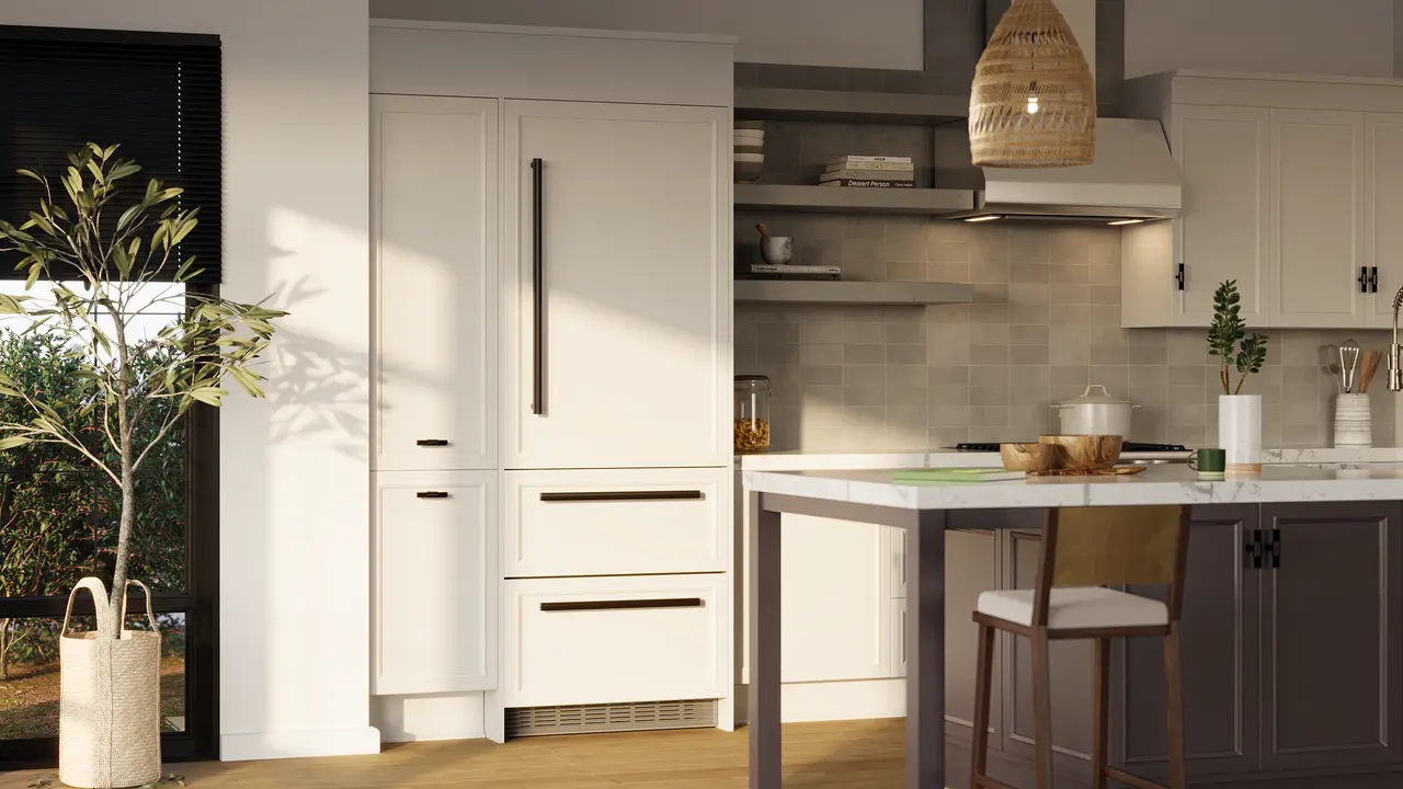 Product image, Perspective: milieu, Combined refrigerator-freezer with NoFrost for integrated use, Casing colour: white