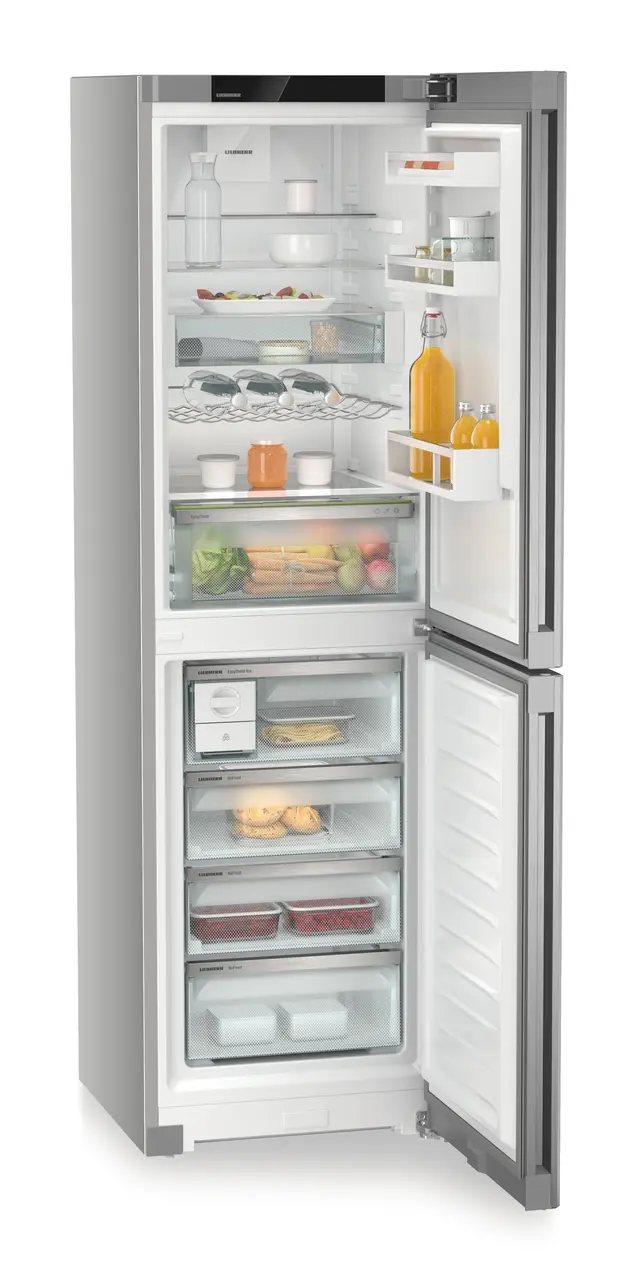Product image, Perspective: oblique open decorated, Combined fridge-freezers with EasyFresh and NoFrost, Casing colour: silver, Door colour: Steelfinish