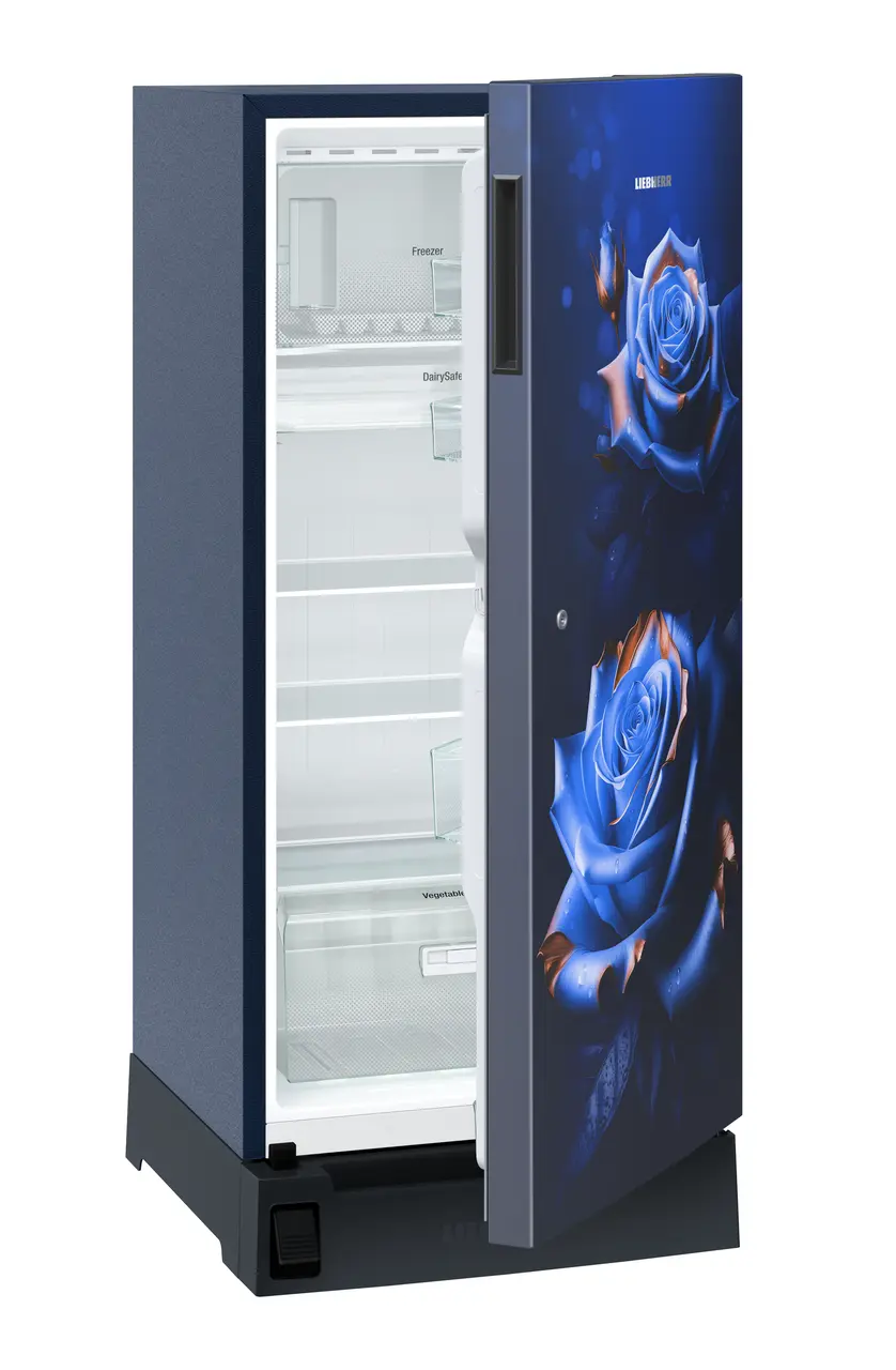 Product image, Perspective: oblique half-open empty, Single-door refrigerator 222 l in 5 star with foot pedal base drawer, Casing colour: blue, Door colour: Blue Rosette