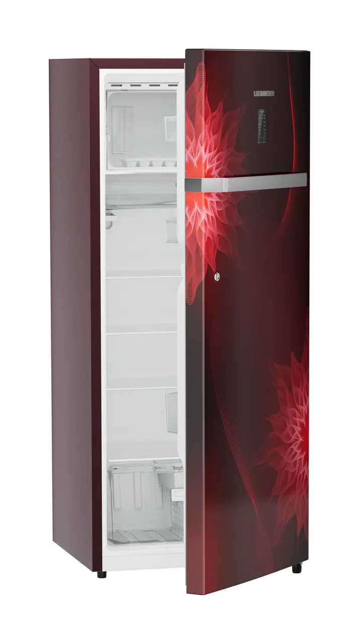 Product image, Perspective: oblique half-open empty, Single-door refrigerator 222 l in 4 star with iCoolTouch UI, Casing colour: red, Door colour: Red Mystiq