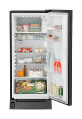 Product image, Perspective: straight open decorated, Single-door refrigerator 191 l in 3 star with foot pedal base drawer, Casing colour: grey, Door colour: Black Gloss