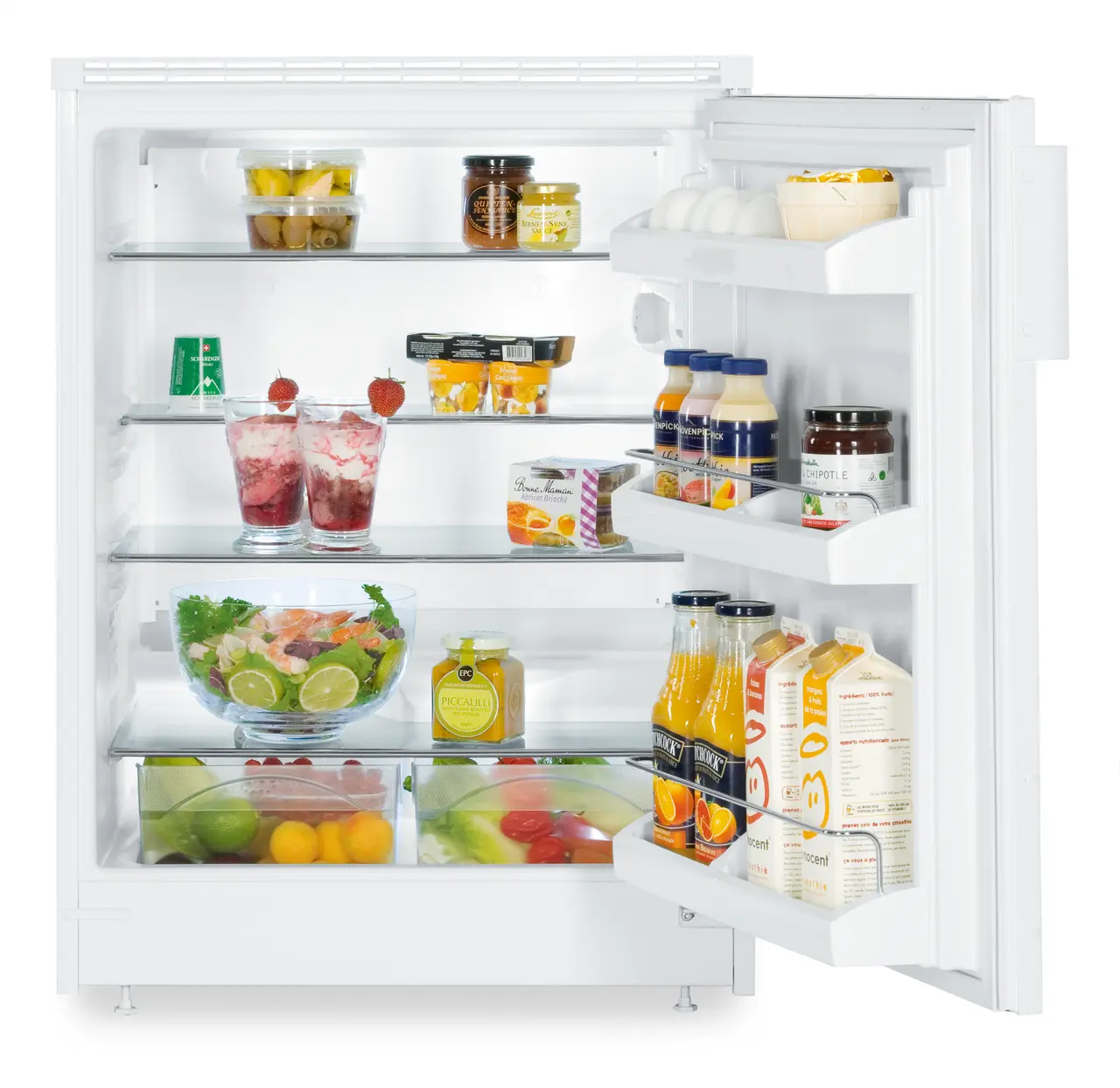 Изображение продукции, Перспектива: Прямо, с открытой дверцей, с продуктами, Холодильник для встраивания под столешницу