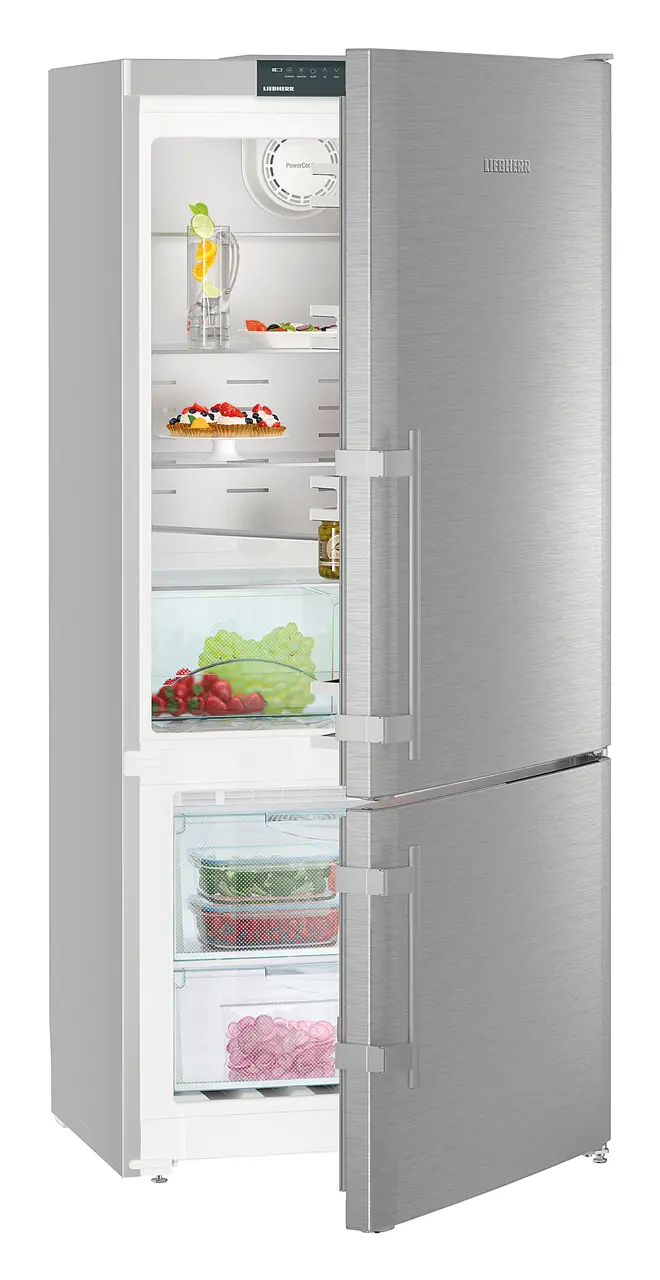 Product image, Perspective: oblique half-open decorated, Fridge-freezer with NoFrost, Casing colour: silver, Door colour: stainless steel